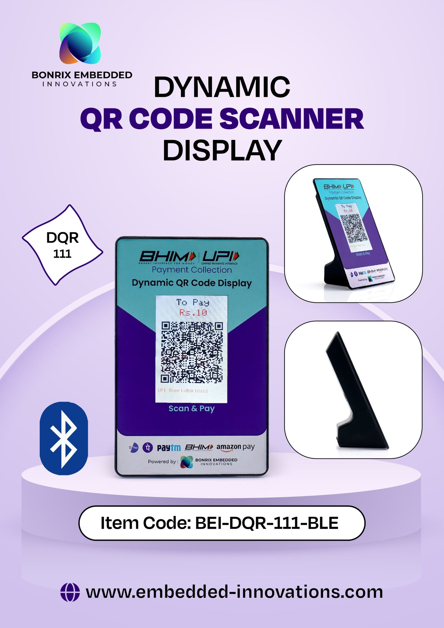 Bonrix Dynamic QR Code Scanner Display (DQR-111) Bluetooth Model